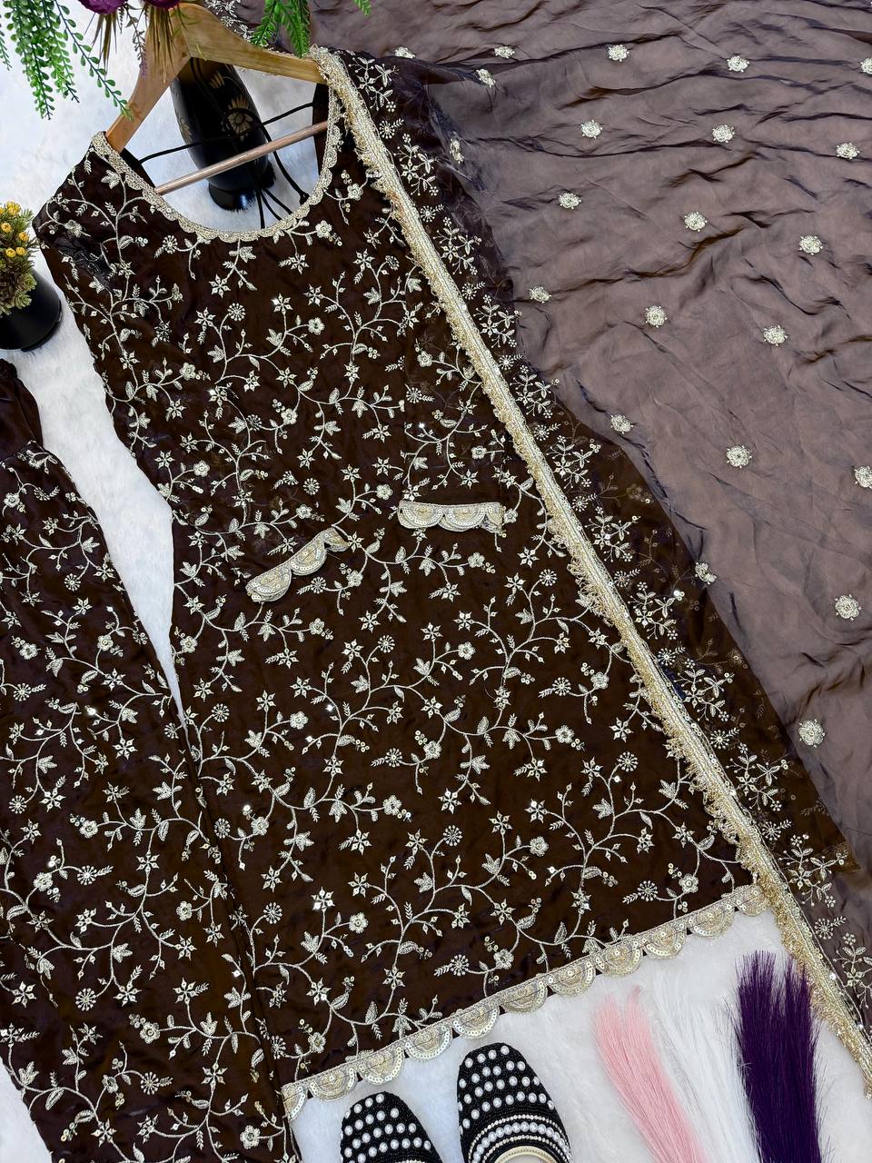 Designer Frendy Silk Sequin Embroidered Top Farshi Salwar & Dupatta Set