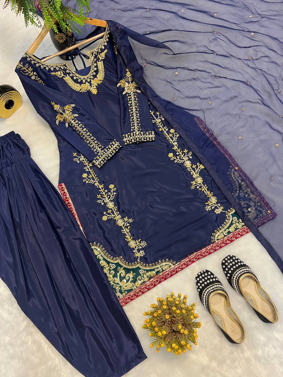 Designer Natural Crepe Silk Moti Full Hand Work Top Farshi Salwar & Organza Dupatta Set