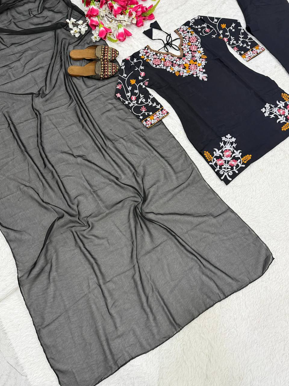 Designer Party Wear Top with Farshi Salwar & Dupatta in Heavy Roman Silk with Embroidery | ND-5058