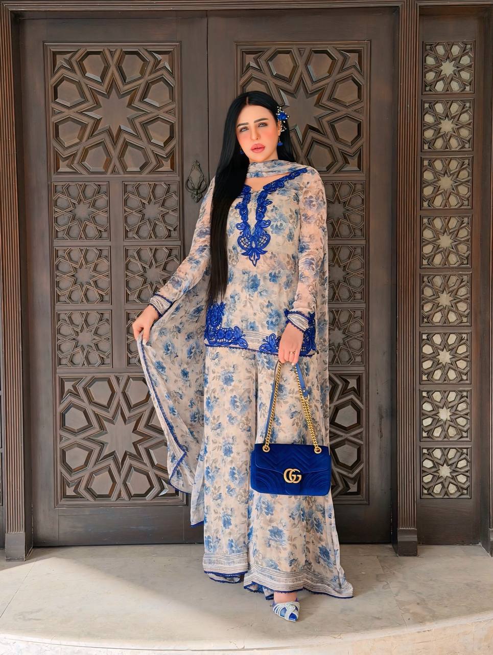 Designer Top, Palazzo & Dupatta in Heavy Faux Georgette Silk with Embroidery & Digital Print | SRK-5352