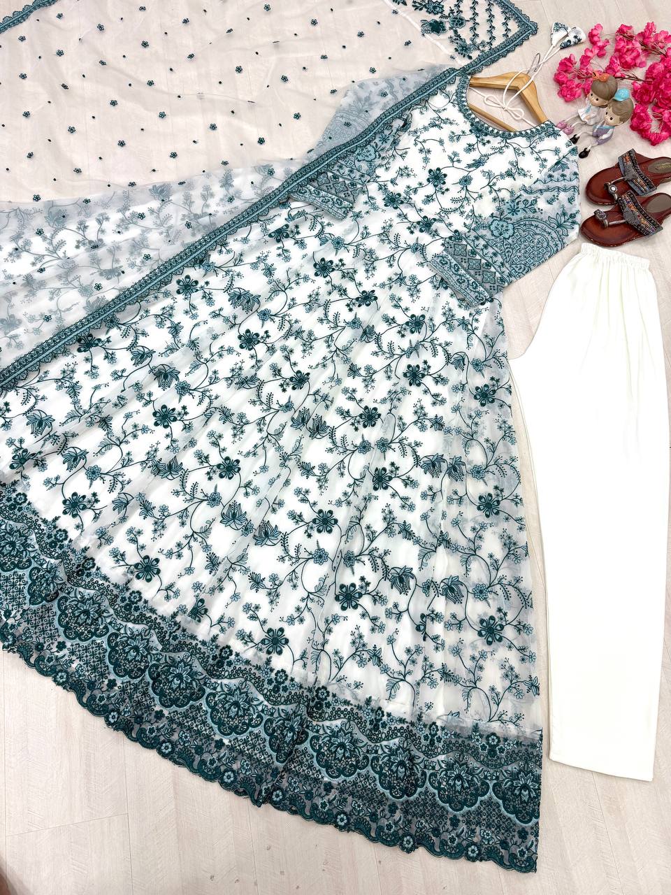 White Georgette & Organza Silk Embroidered Gown — Wedding & Festive Wear