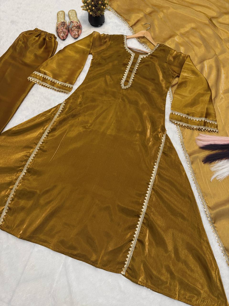 Designer Party Wear Chiffon Burberry Silk Anarkali Gown with Pant Palazzo and Dupatta | MC-2046