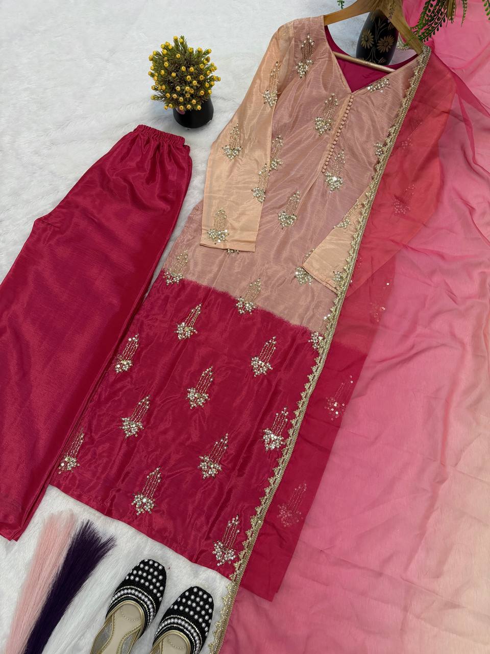 Designer Heavy Chinon Silk Real Bead & Moti Hand Work Sequin Top Palazzo & Chiffon Dupatta Set