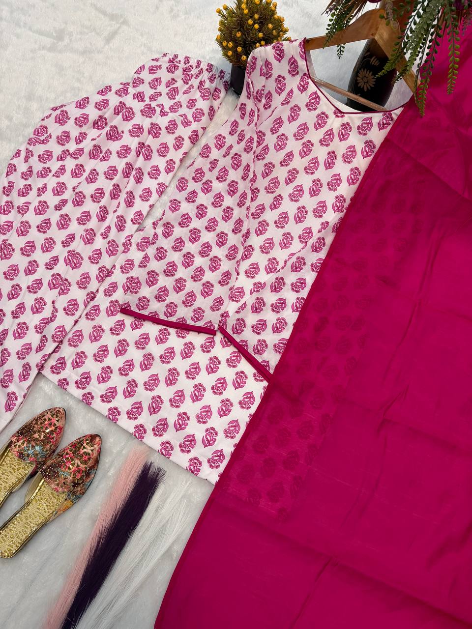 Designer Party Wear Cameric Cotton Fancy Sleeve Top with Farshi Pant and Dupatta