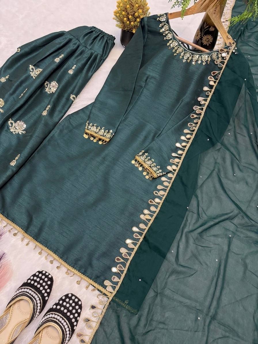 Designer Party Wear Aada Slab Silk Sequin Top with Farshi Salwar and Dupatta