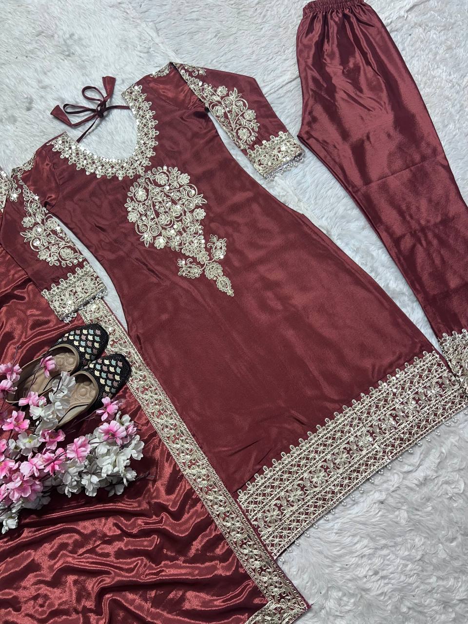 Designer Top, Pant & Dupatta in Pure Heavy Chinon Silk with Embroidery Coding Sequence Work