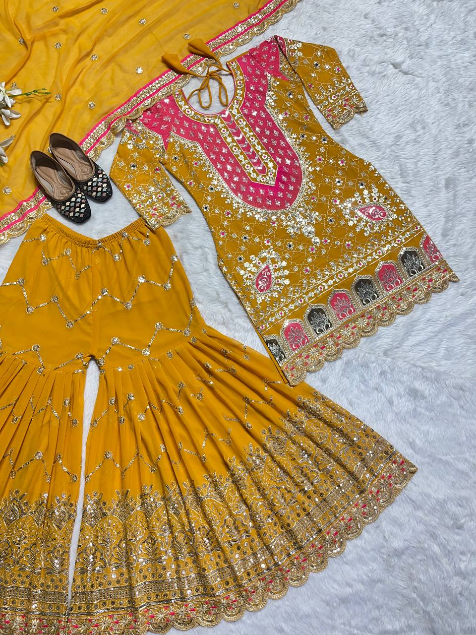 Zahra Women's Georgette Stitched Dhoti Suit In Yellow Colour