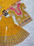 Yellow Georgette Embroidered Dhoti Salwar Suit — Fully Stitched