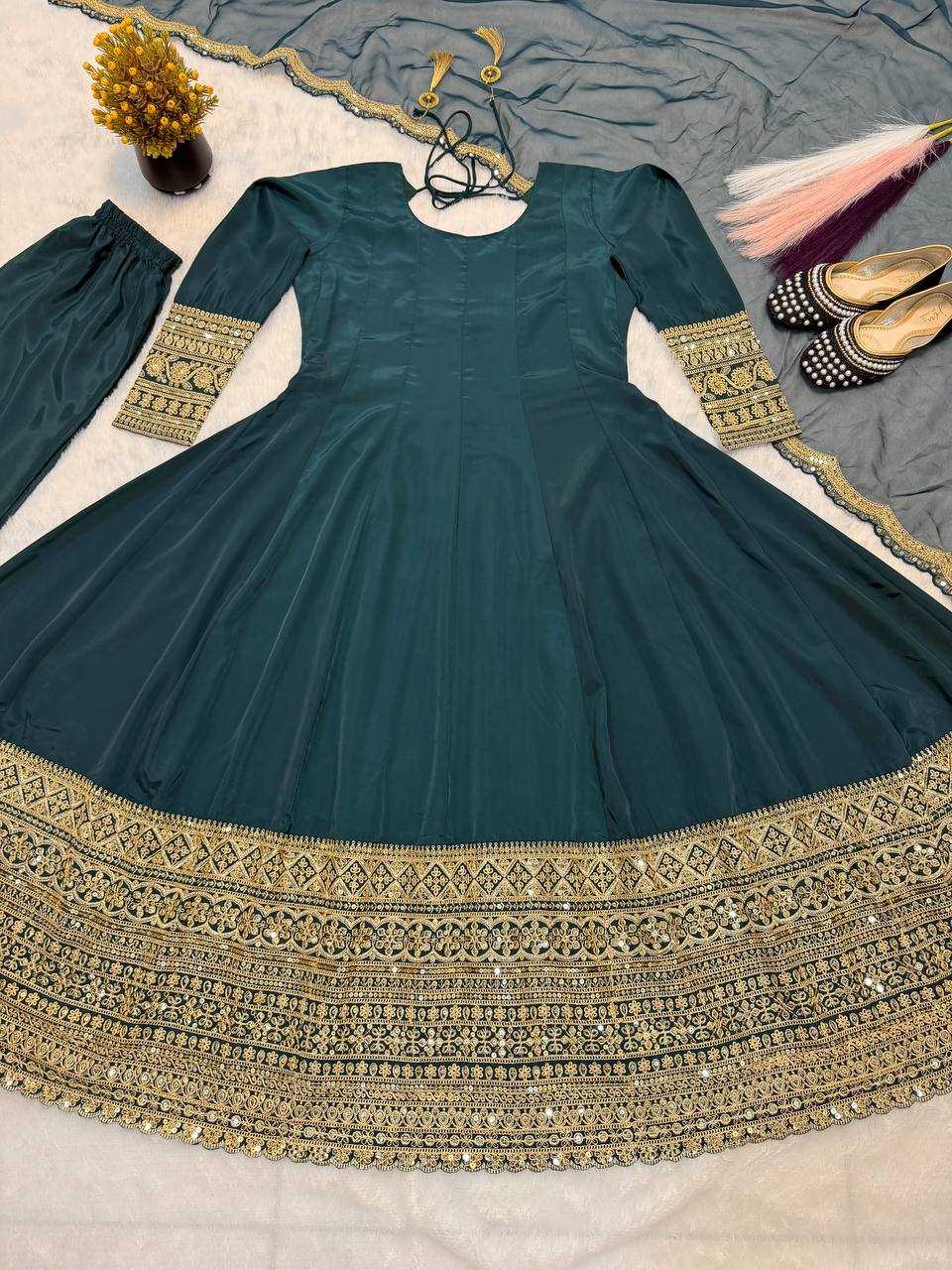 Designer Natural Crepe Sequin & Cording Embroidered Anarkali Suit with Pant & Organza Dupatta