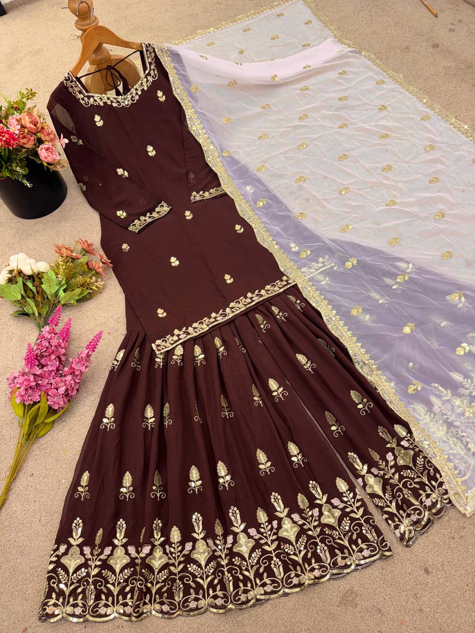 Ash Brown Georgette Sequin Embroidered Sharara Suit - Party Wear - view 5 | Zahra London