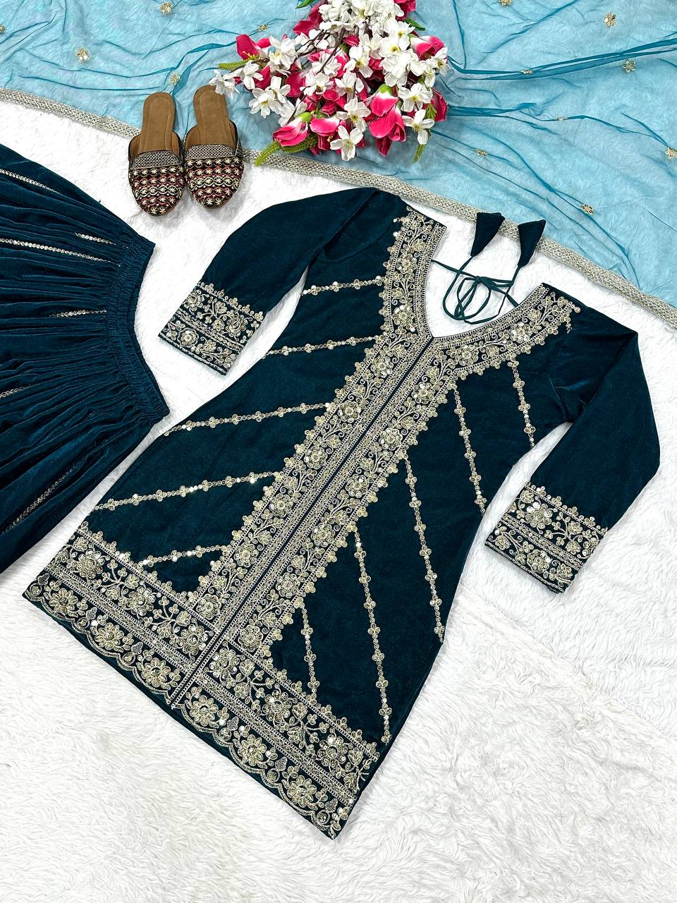 Designer Party Wear Top, Sharara Palazzo & Dupatta in Pure Heavy Viscous Velvet with Multi Needle Sequence
