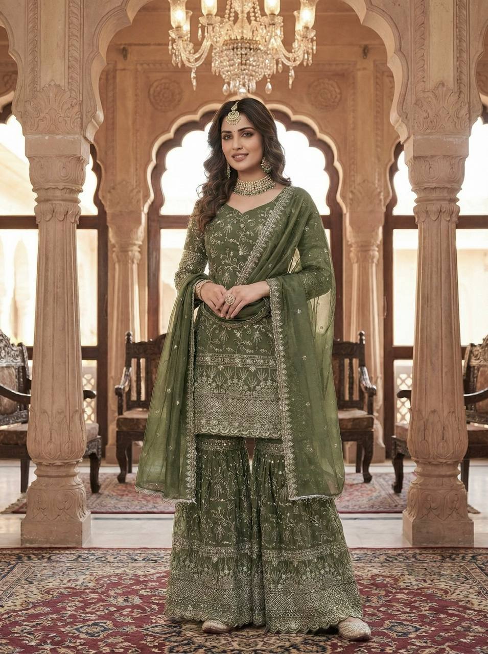 Designer Fancy Crushi Silk Sequin Embroidered Top Sharara Palazzo & Dupatta Set