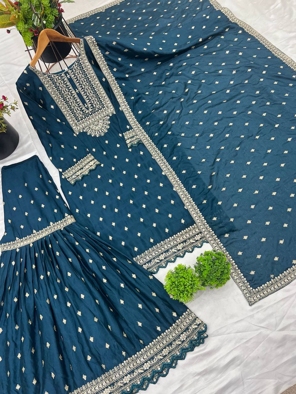 Peacock Blue Chinon Silk Gharara Suit with Zari & Sequin Work