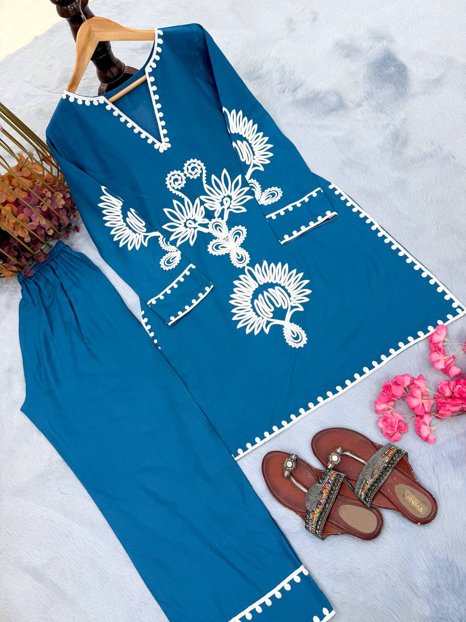 Designer Pure Rayon Embroidered 2-Piece Co-Ord Set