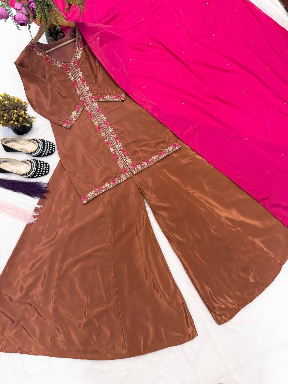 Designer Natural Crepe Silk Multi Needle Sequin Top Kali Cut Flair Palazzo & Stone Work Dupatta Set