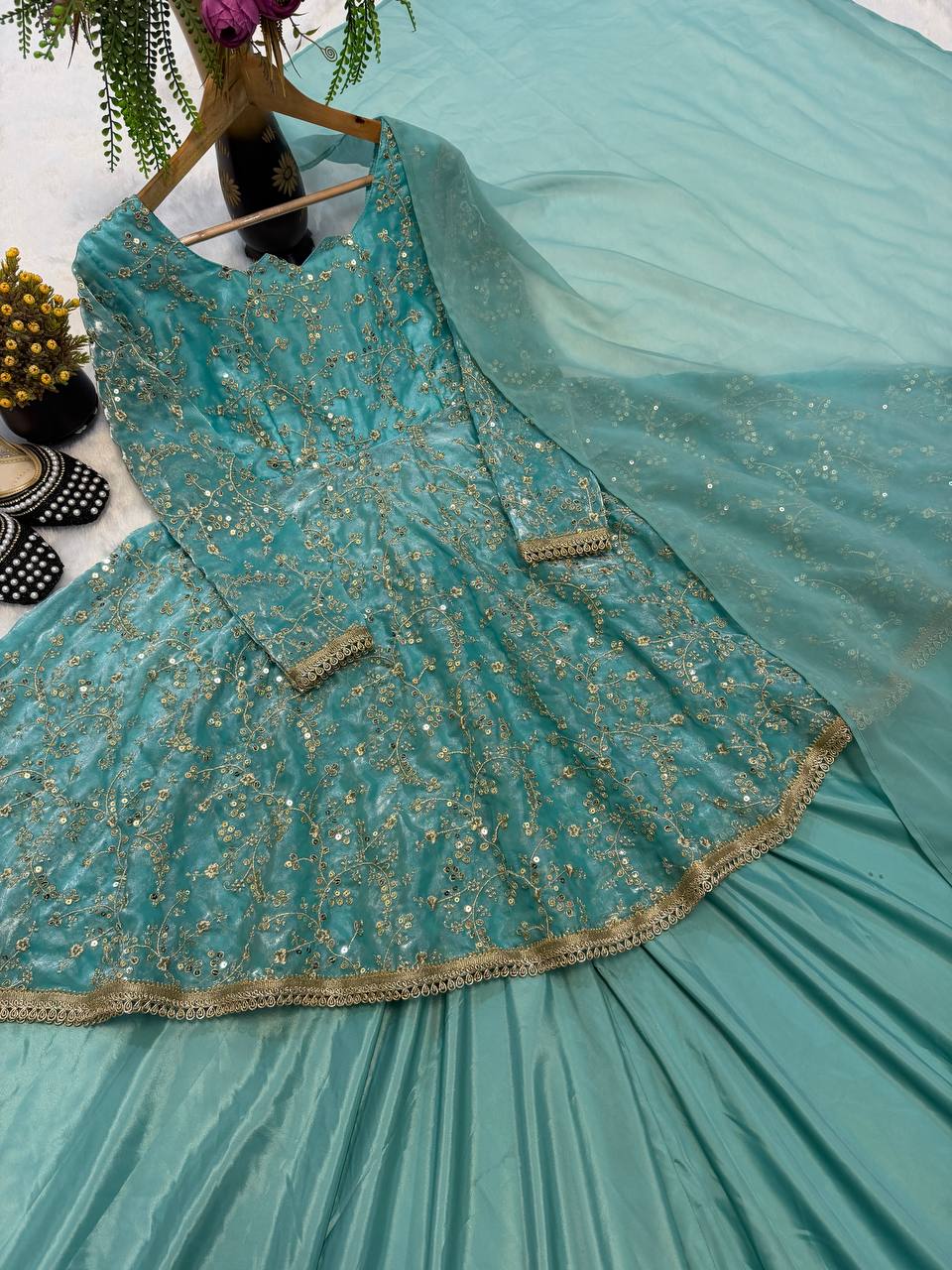 Designer Fancy Silk 5mm Sequin Embroidered Kediyu Top & Lehenga with Faux Georgette Dupatta