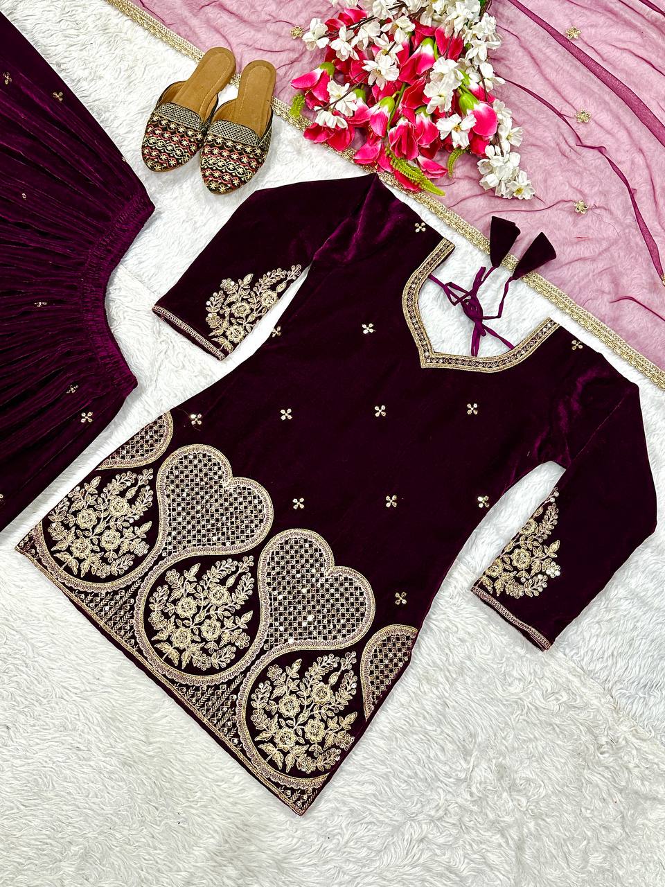 Designer Party Wear Top, Sharara Palazzo & Dupatta in Pure Heavy Viscous Velvet with Multi Needle Sequence
