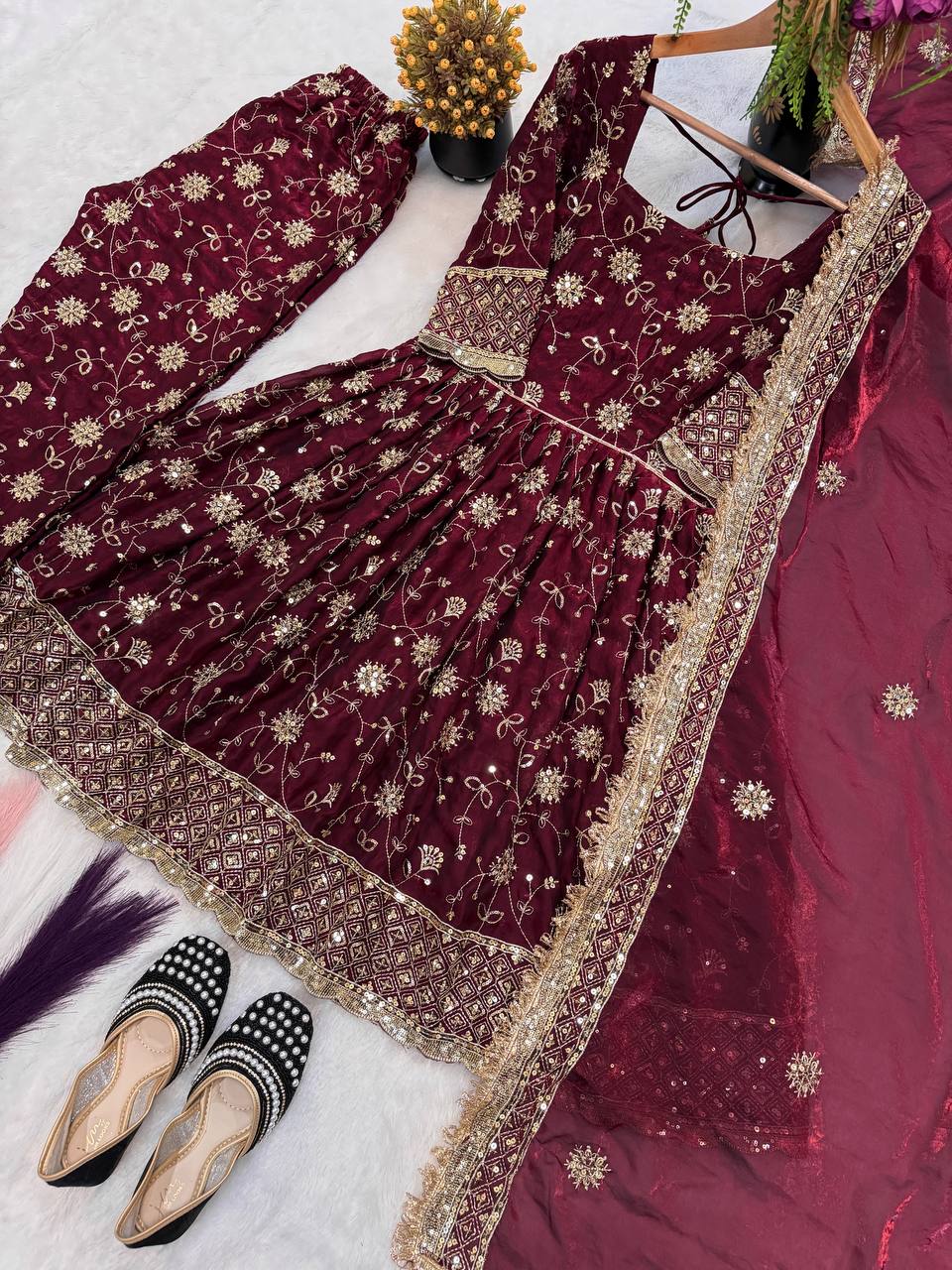 Designer Heavy Fancy Silk 3mm & 5mm Sequin Embroidered Gown Top Pant & Dupatta Set