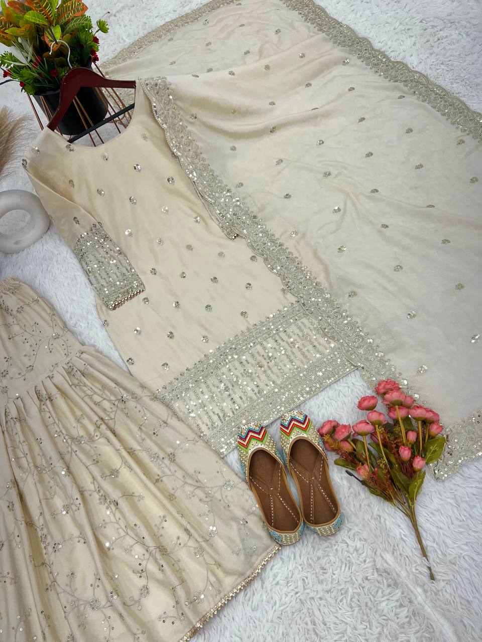 Beige Chinon Silk Embroidered Sharara Set - Designer Evening Party Wear - view 5 | Zahra London