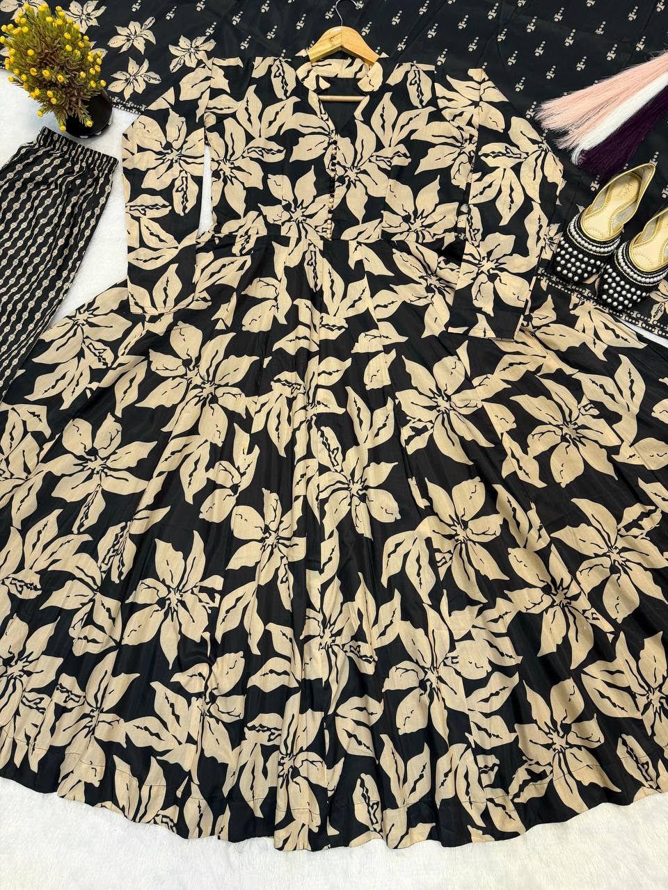Designer Maslin Cotton Digital Print Anarkali Suit with Pant & Chiffon Dupatta