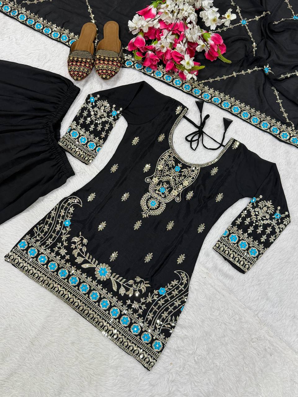 Designer Party Wear Top, Sharara Palazzo & Dupatta in Heavy NC Vichitra Silk with Sequence Embroidery