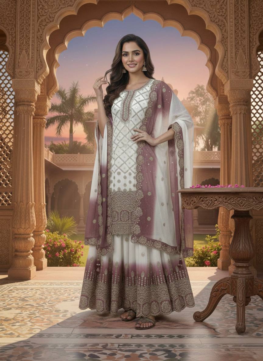 Dual Tone Star Georgette Sequin Embroidered Palazzo Suit — Festive Wear