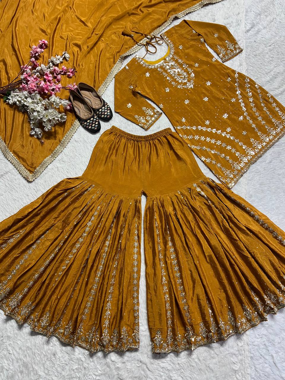 Designer Sharara Palazzo Set in Pure Heavy Chinnon Silk with Heavy Embroidery & Fancy Borders | ND-5063