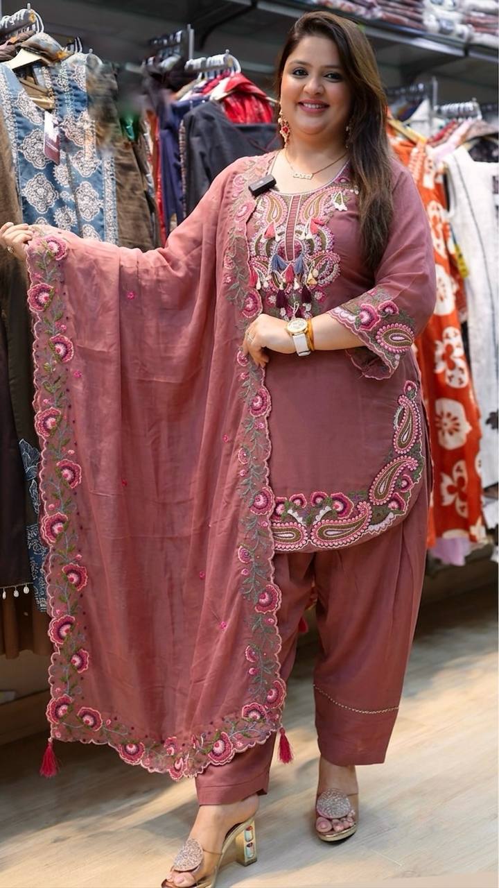 Designer Top, Farshi & Dupatta in Pure Heavy Georgette with Embroidery Thread Work | SRK-5348