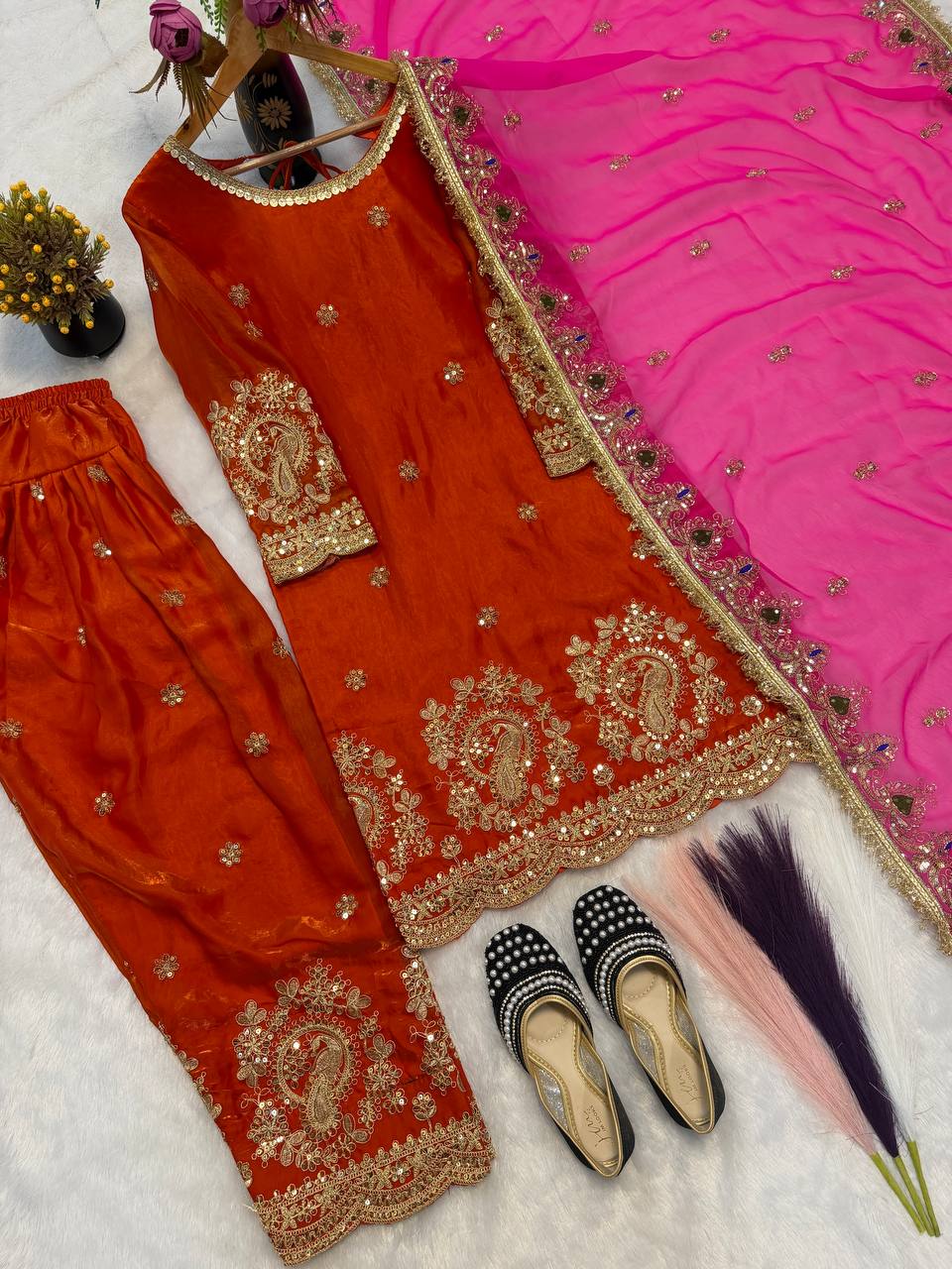 Designer Fancy Crushi Silk Thread & Sequin Embroidered Top Farshi Salwar & Faux Georgette Dupatta Set