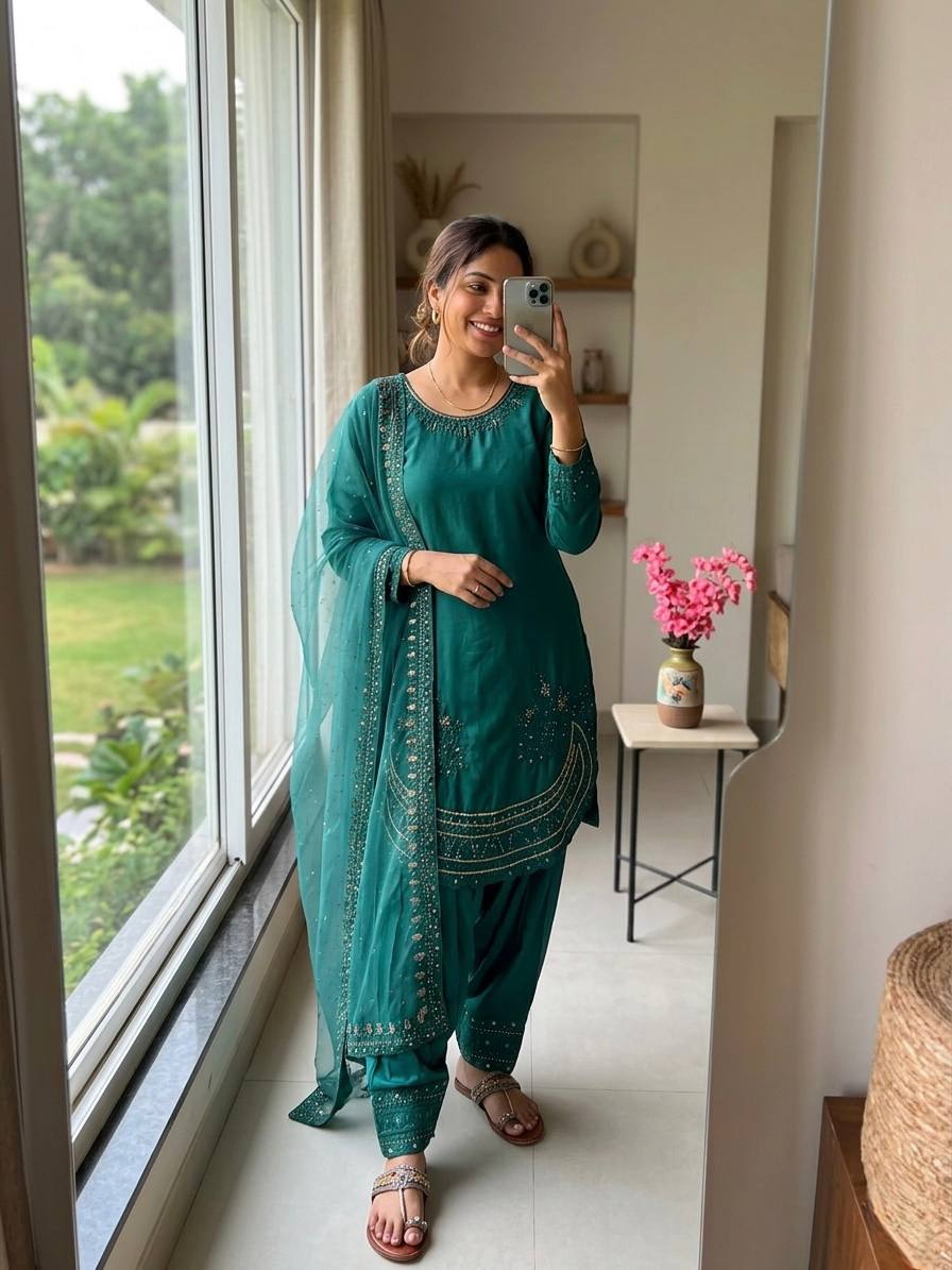 Party Wear Crepe Top With Farshi Palazzo & Organza Dupatta Set Stitched