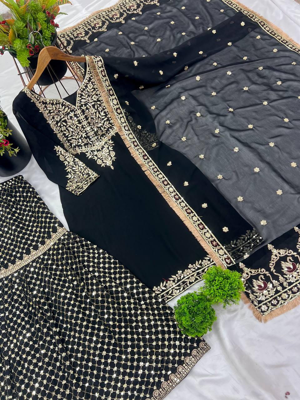 Faux Georgette Sequin Embroidered Sharara Dupatta Set — Festive Wear