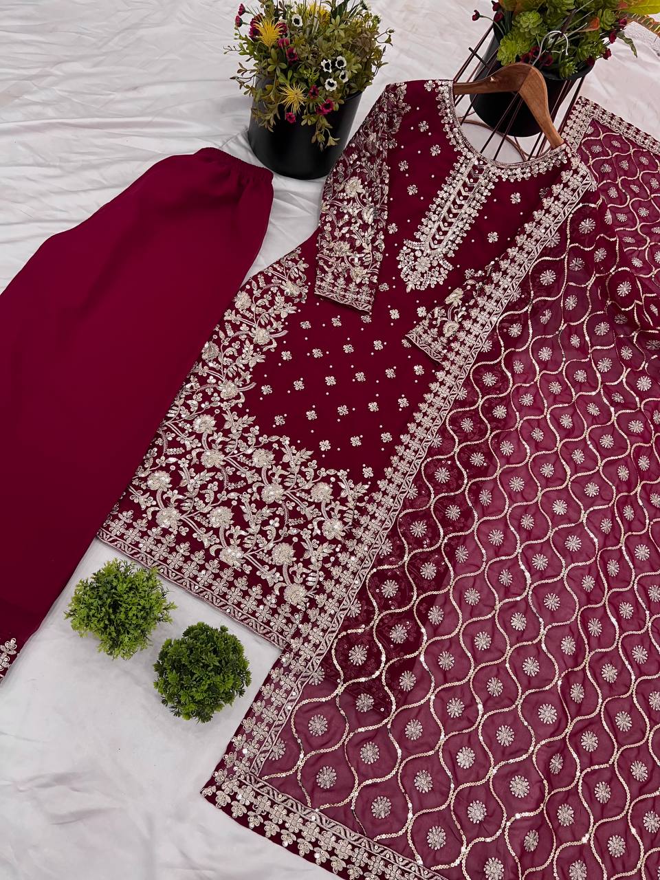 Maroon Faux Georgette Embroidery Salwar Suit