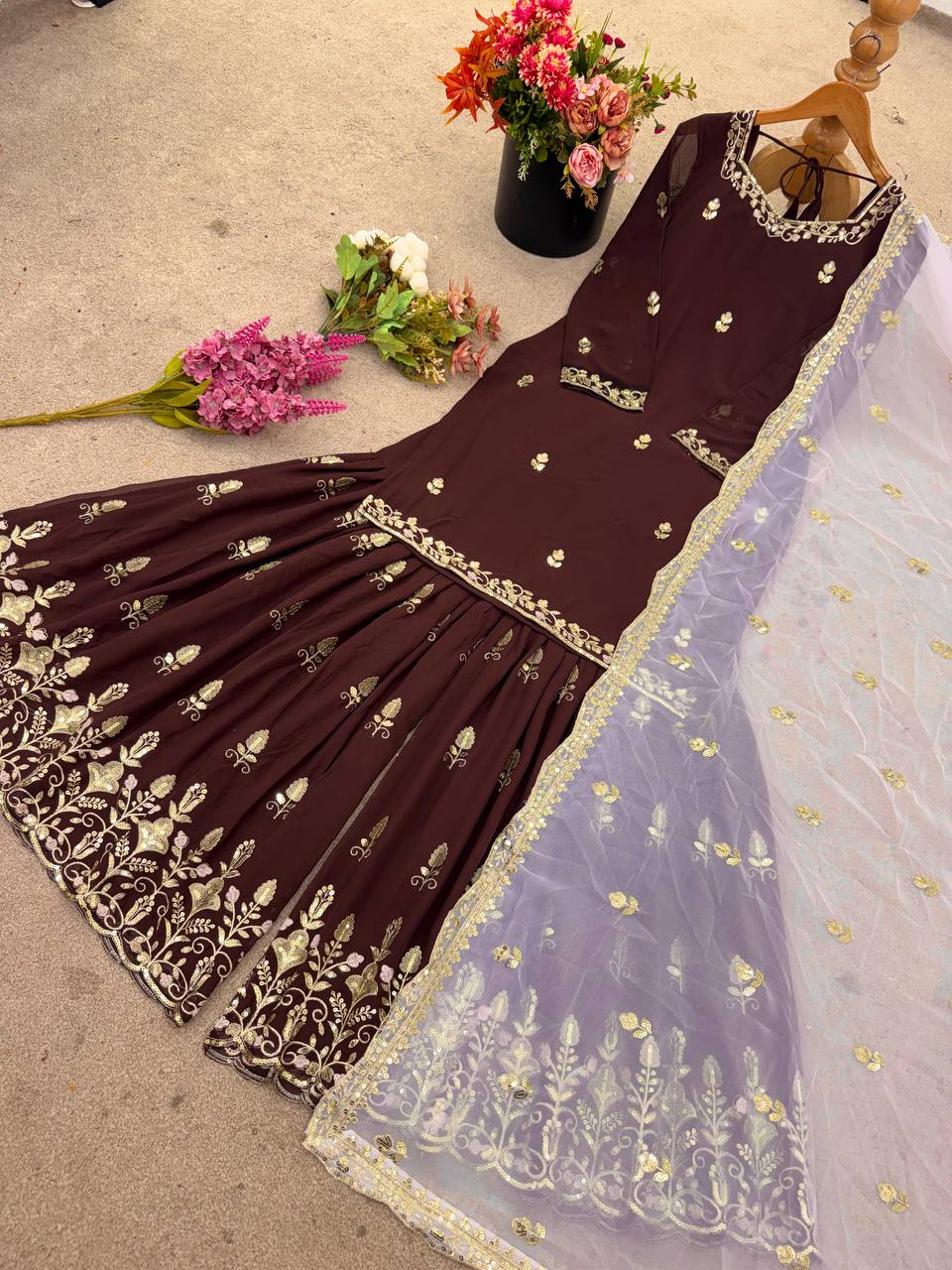 Ash Brown Georgette Sequin Embroidered Sharara Suit - Party Wear - view 6 | Zahra London