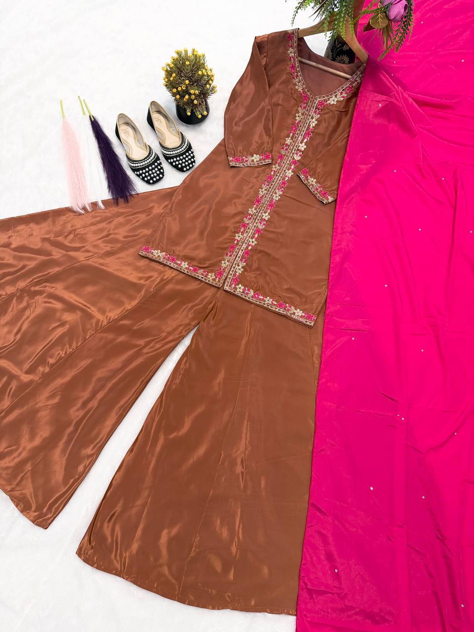Designer Natural Crepe Silk Multi Needle Sequin Top Kali Cut Flair Palazzo & Stone Work Dupatta Set