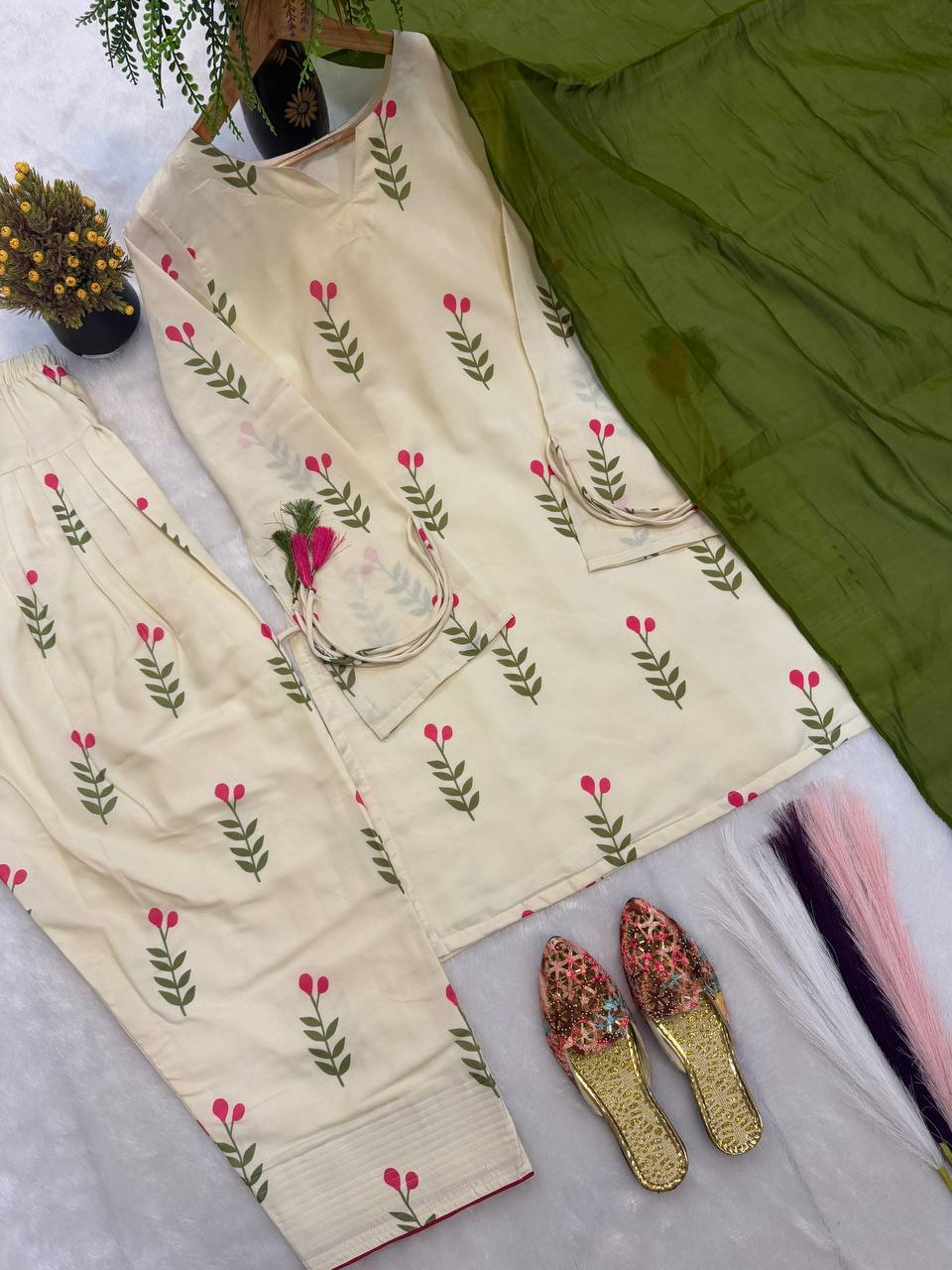 Designer Party Wear Cameric Cotton Fancy Sleeve Top with Farshi Pant and Dupatta