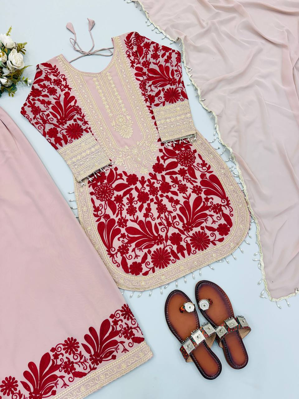 Designer Top, Pant & Dupatta in Heavy Faux Georgette with Chain Stitch Embroidery Sequence & Bead Work | SRK-5354