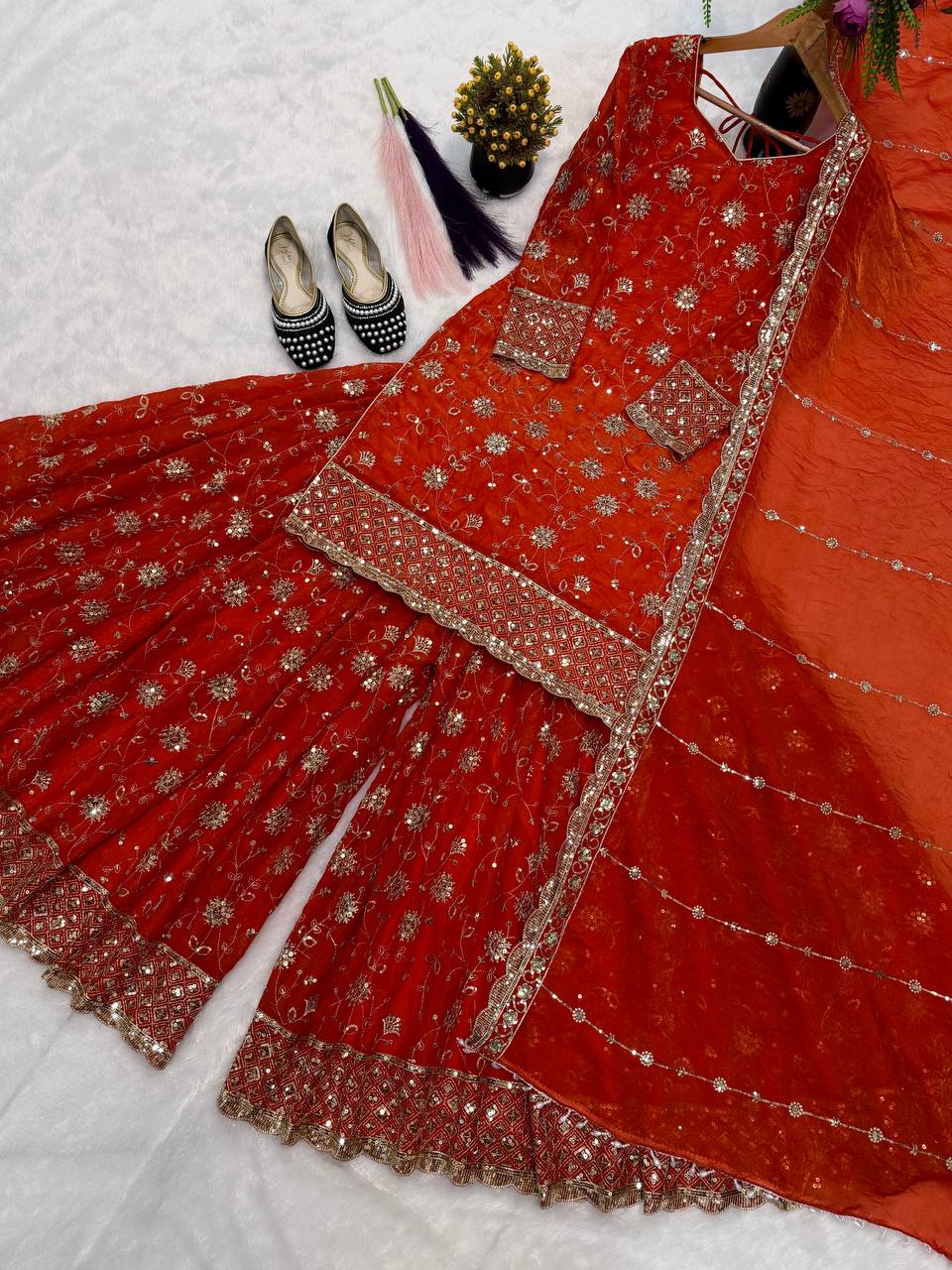 Designer Frendy Silk Thread & Sequin Zari Work Top Palazzo & Dupatta Set