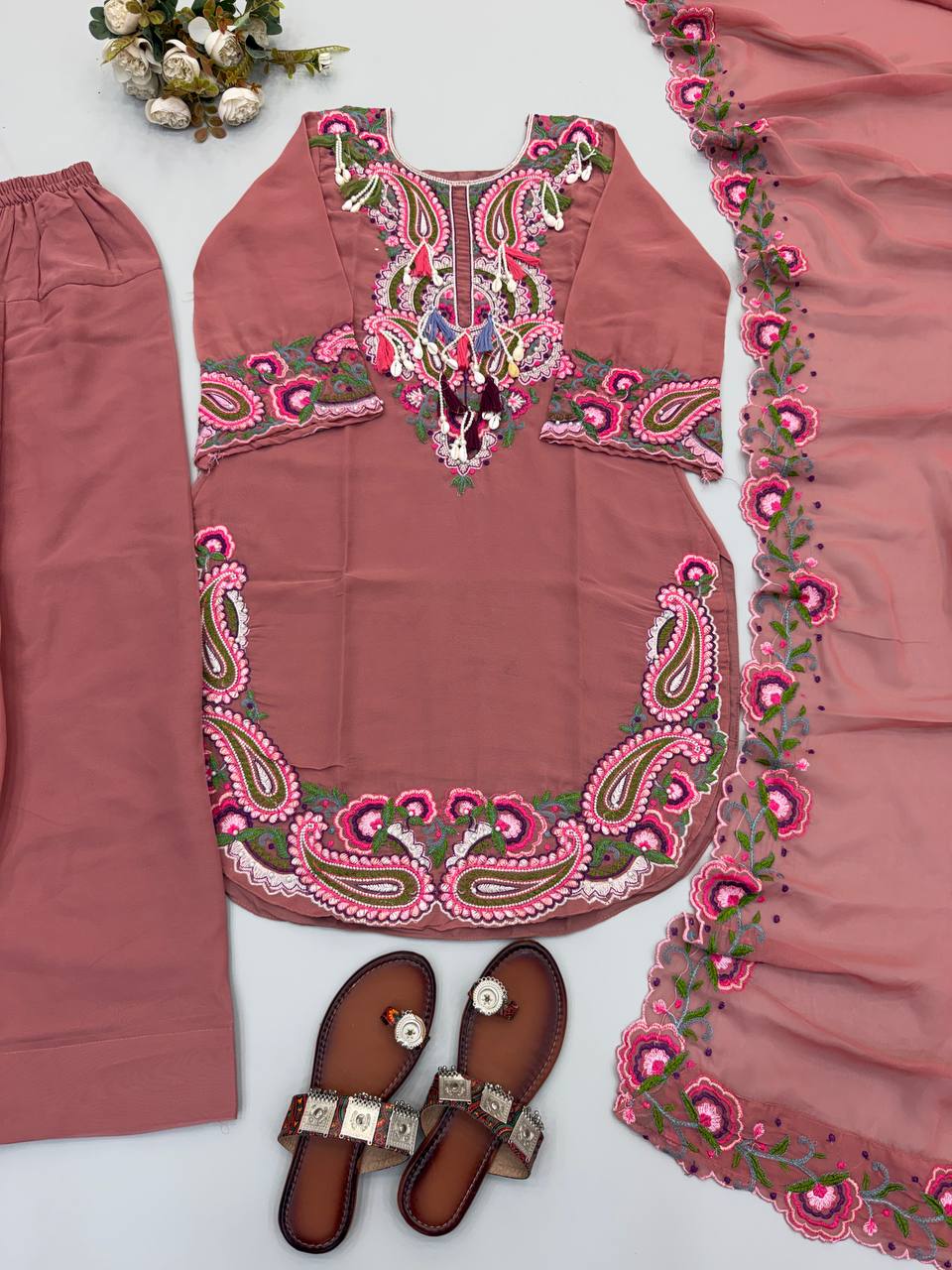 Designer Top, Farshi & Dupatta in Pure Heavy Georgette with Embroidery Thread Work | SRK-5348