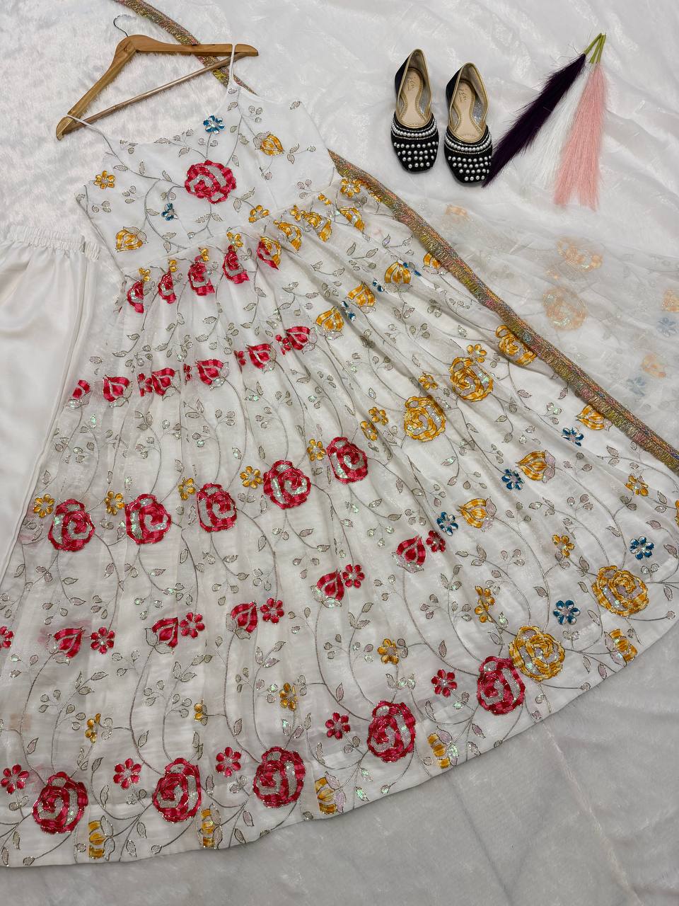 Designer Heavy Crushi Silk Sleeveless Anarkali Suit with Pant & Dupatta