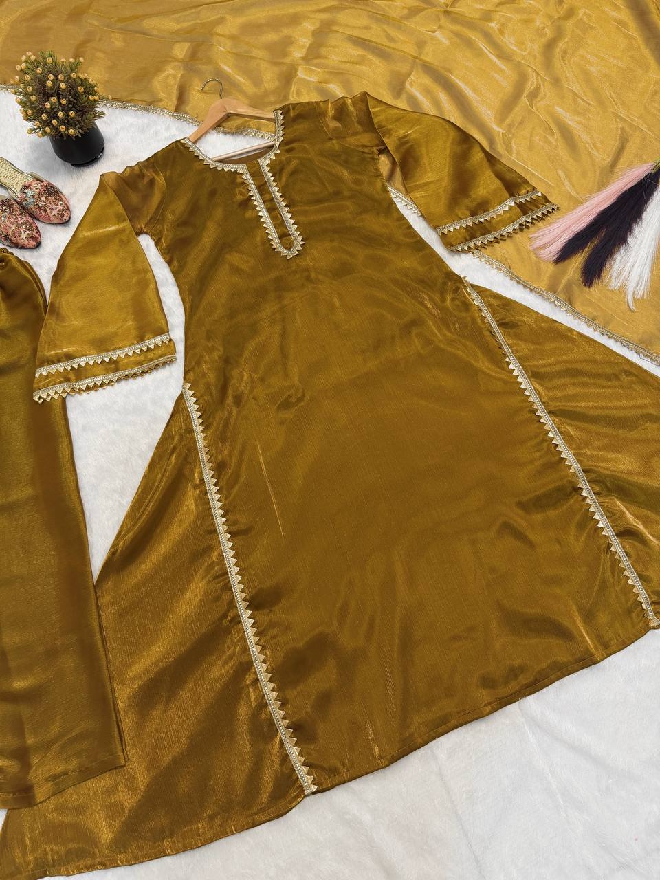 Designer Party Wear Chiffon Burberry Silk Anarkali Gown with Pant Palazzo and Dupatta | MC-2046