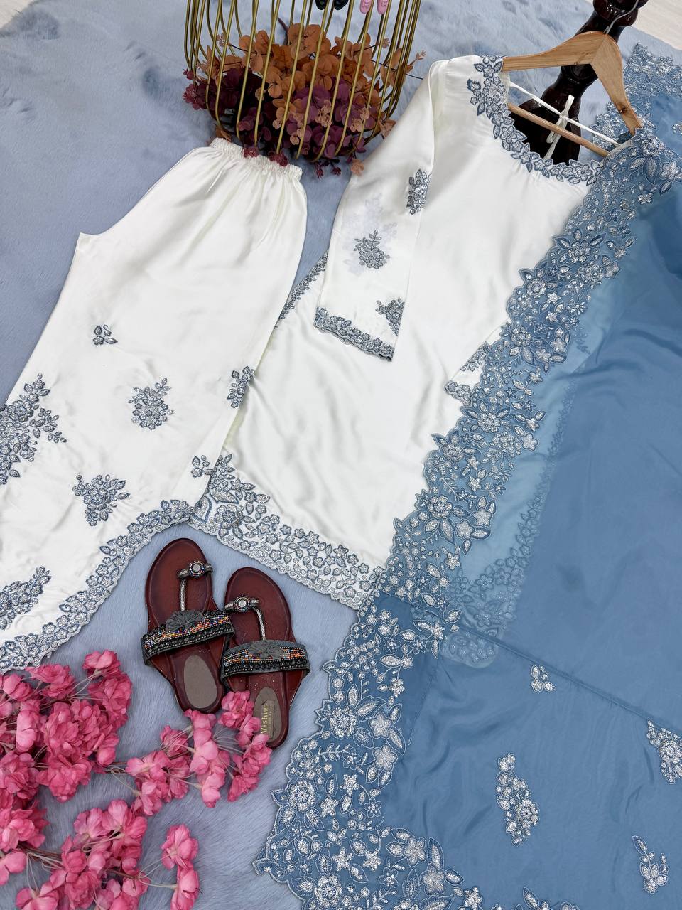 White Roman Glass Sequins Palazzo Suit