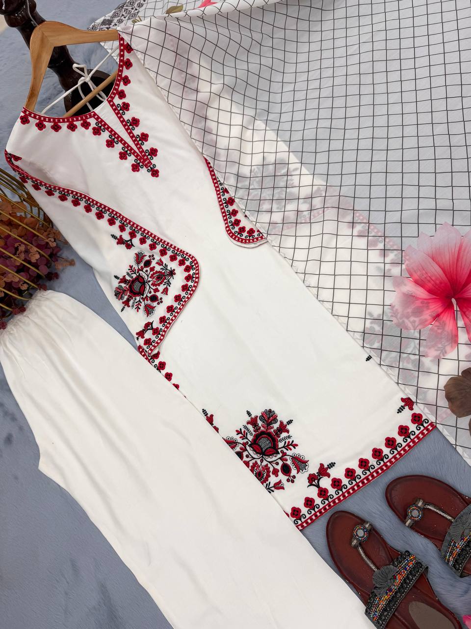 Designer Pure Satin Rayon Embroidered Top Palazzo & Dupatta Set