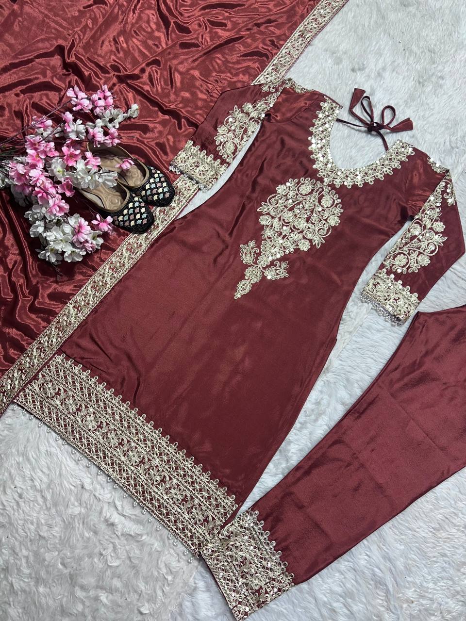 Designer Top, Pant & Dupatta in Pure Heavy Chinon Silk with Embroidery Coding Sequence Work