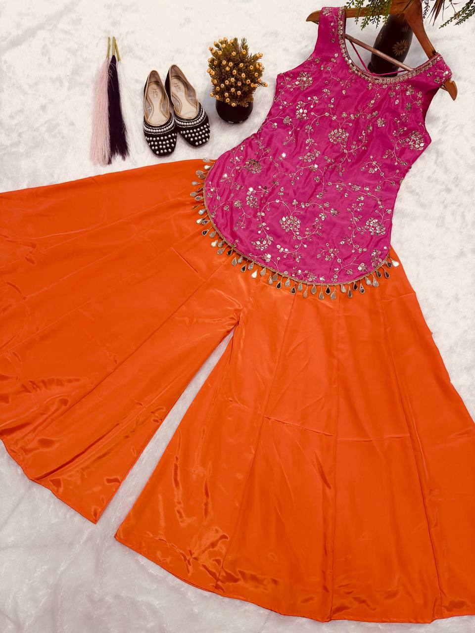 Designer Chinon Silk Sequin & Zari Embroidered Top Sharara Set