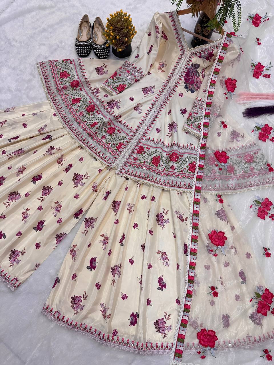 Designer Crepe Silk Peplum Top Sharara Palazzo & Embroidered Net Dupatta Set