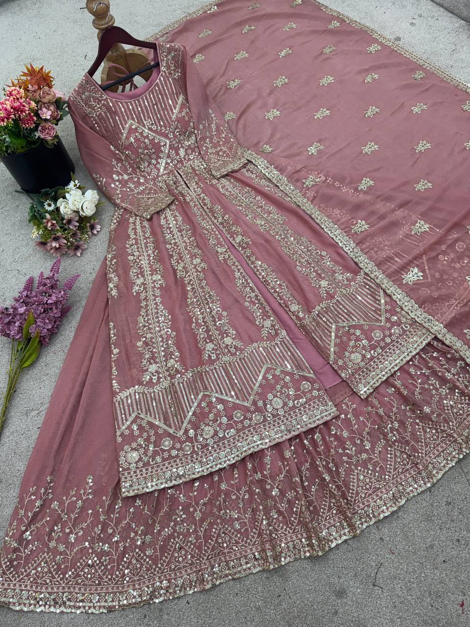 Peach Crunchy Silk Lace Embroidered Gown — Wedding & Party Wear