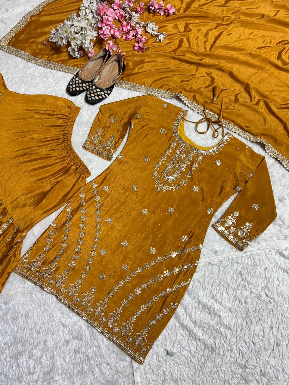 Designer Sharara Palazzo Set in Pure Heavy Chinnon Silk with Heavy Embroidery & Fancy Borders | ND-5063