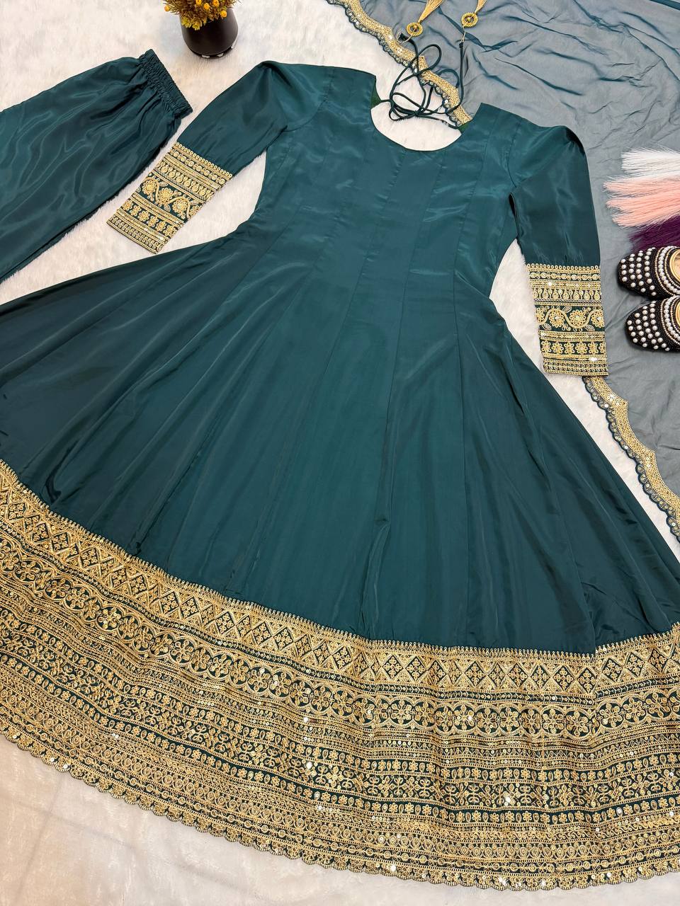 Designer Natural Crepe Sequin & Cording Embroidered Anarkali Suit with Pant & Organza Dupatta