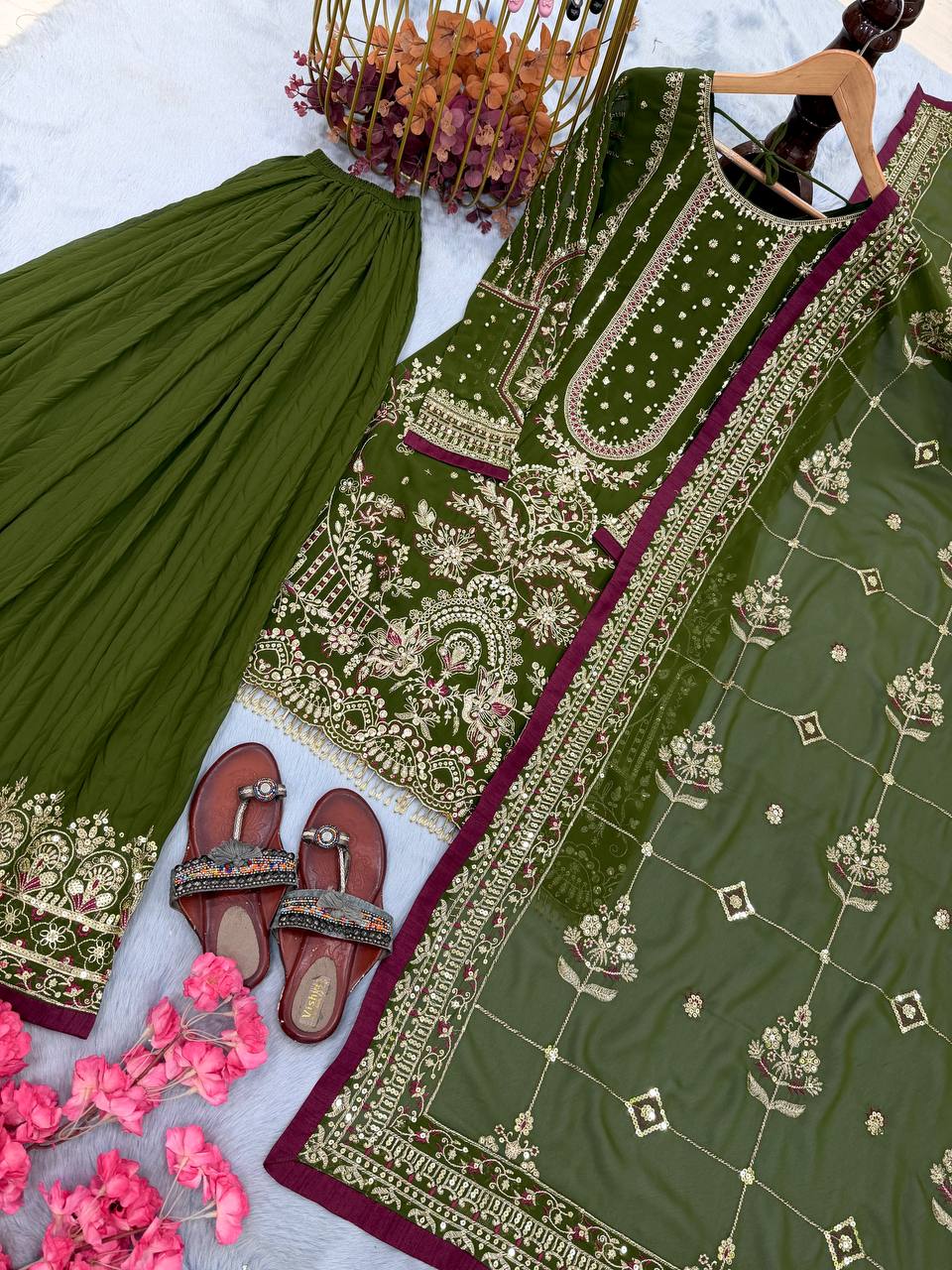 Mehendi Green Georgette Sequin & Moti Palazzo Suit — Festive Wear