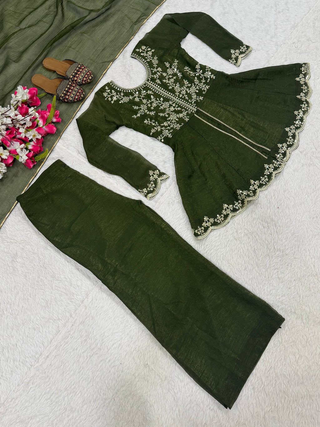Designer Party Wear Top, Palazzo & Dupatta in Heavy Crunchy Silk with Sequence Embroidery